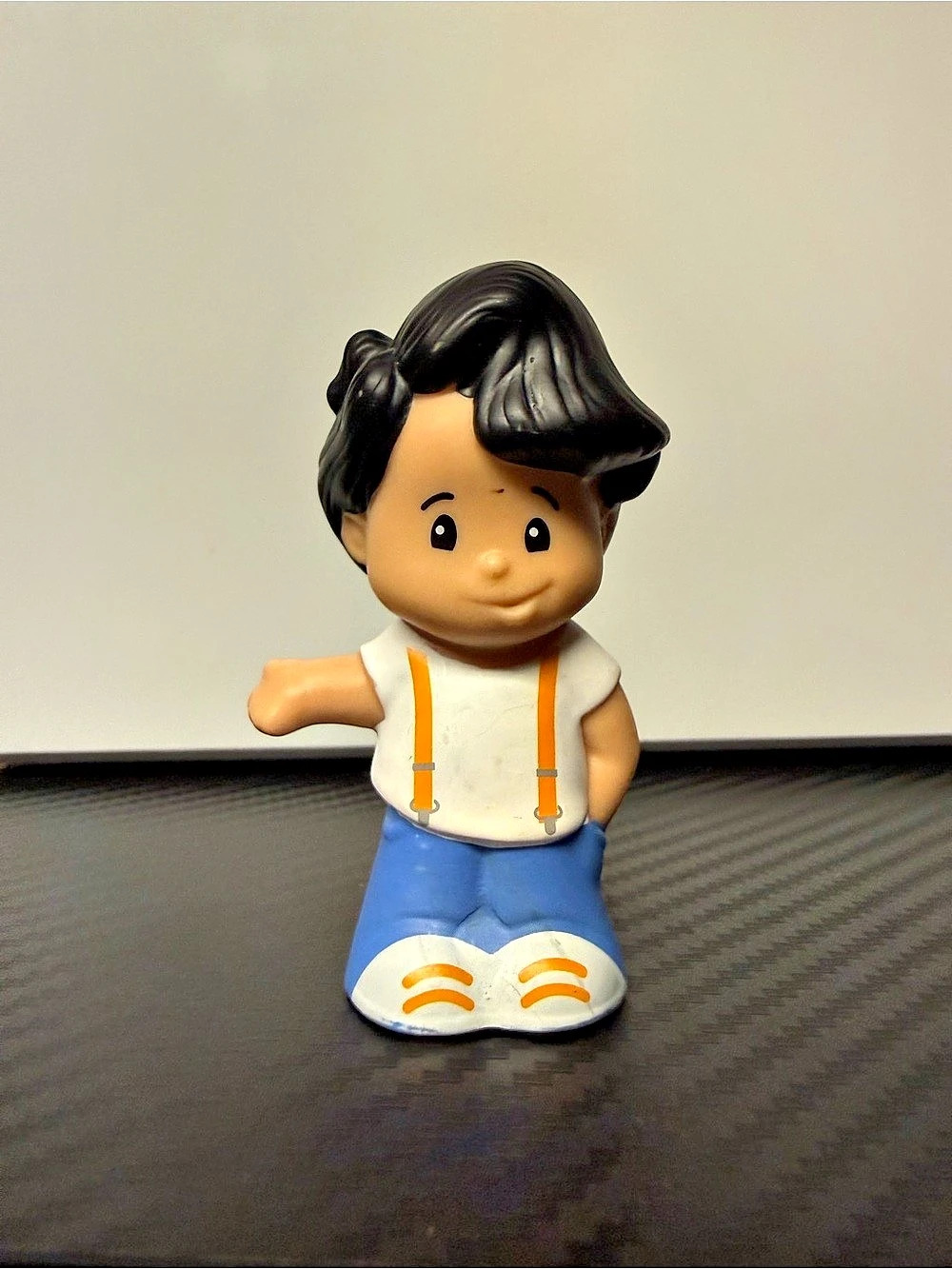 Fisher Price Little People Boy Figure Black Hair Suspenders Jeans